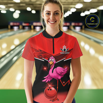 Funny Pink Flamingo Bowling Polo, 1/4 zip shirts for Women Custom Flamingo Team bowling outfit | Red NQS11654