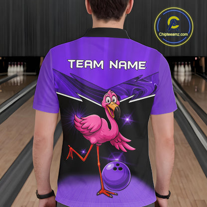 Funny Pink Flamingo Bowling Polo, 1/4 zip shirts for Men Custom Flamingo Team bowling outfit | Purple NQS11655