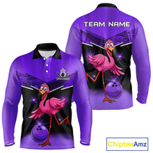Load image into Gallery viewer, Funny Pink Flamingo Bowling Polo, 1/4 zip shirts for Men Custom Flamingo Team bowling outfit | Purple NQS11655