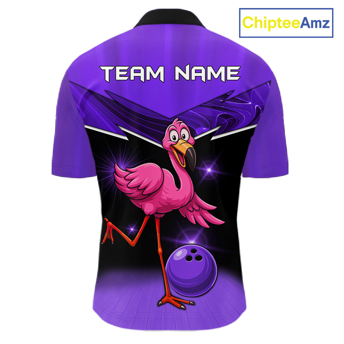 Funny Pink Flamingo Bowling Polo, 1/4 zip shirts for Men Custom Flamingo Team bowling outfit | Purple NQS11655
