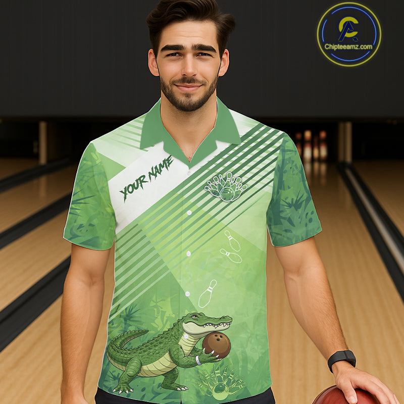 Funny Alligator Bowling Button-up Shirts Custom Alligator Bowling Team Hawaiian Jerseys | Green NQS11742