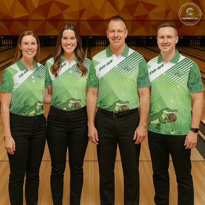 Funny Alligator Bowling Polo, 1/4 Zip Shirts For Women Custom Alligator Bowling Team Jerseys | Green NQS11742
