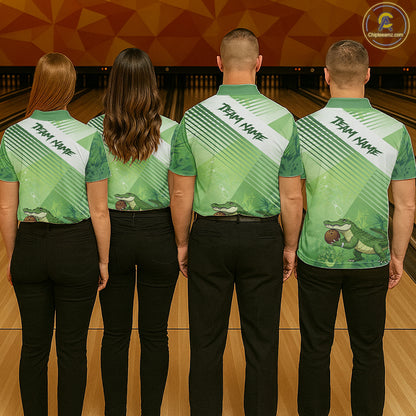 Funny Alligator Bowling Polo, 1/4 Zip Shirts For Women Custom Alligator Bowling Team Jerseys | Green NQS11742