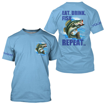 Largemouth Bass Fishing Custom Long Sleeve Performance Fishing shirts Eat Drink Fish Repeat | Blue NQS6613
