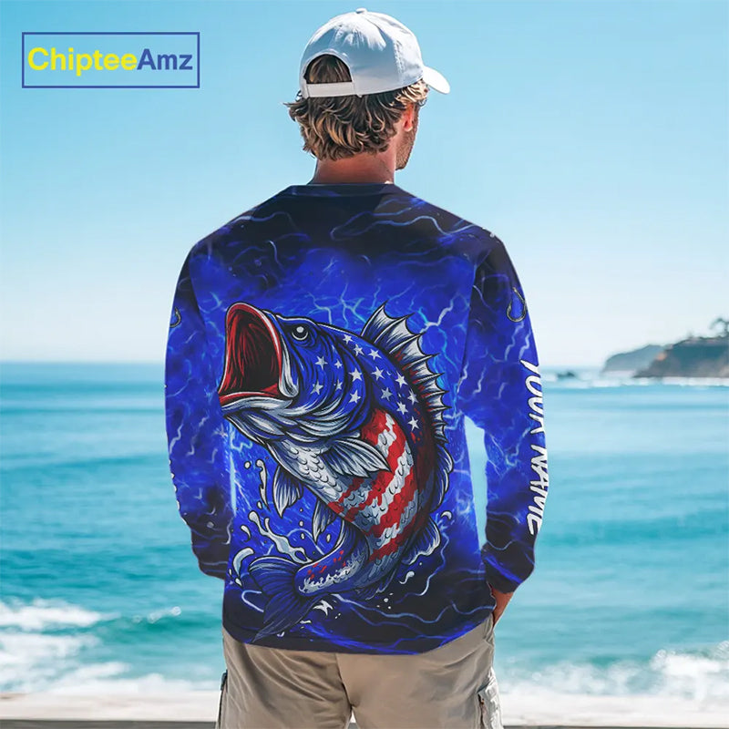 American Flag Largemouth Bass Fishing Custom patriotic Bass performance fishing apparel | Blue NQS11060