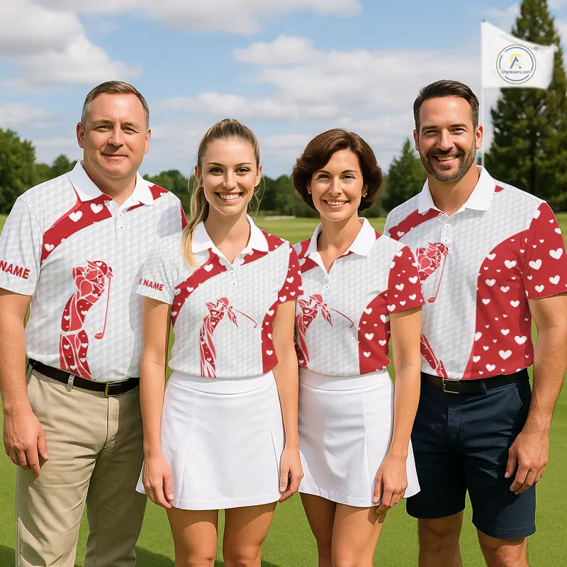 Personalized Red Hearts pattern matching golf polo shirts for couples custom Valentine golf gifts NQS11259