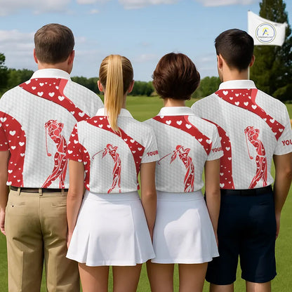 Personalized Red Hearts pattern matching golf polo shirts for couples custom Valentine golf gifts NQS11259