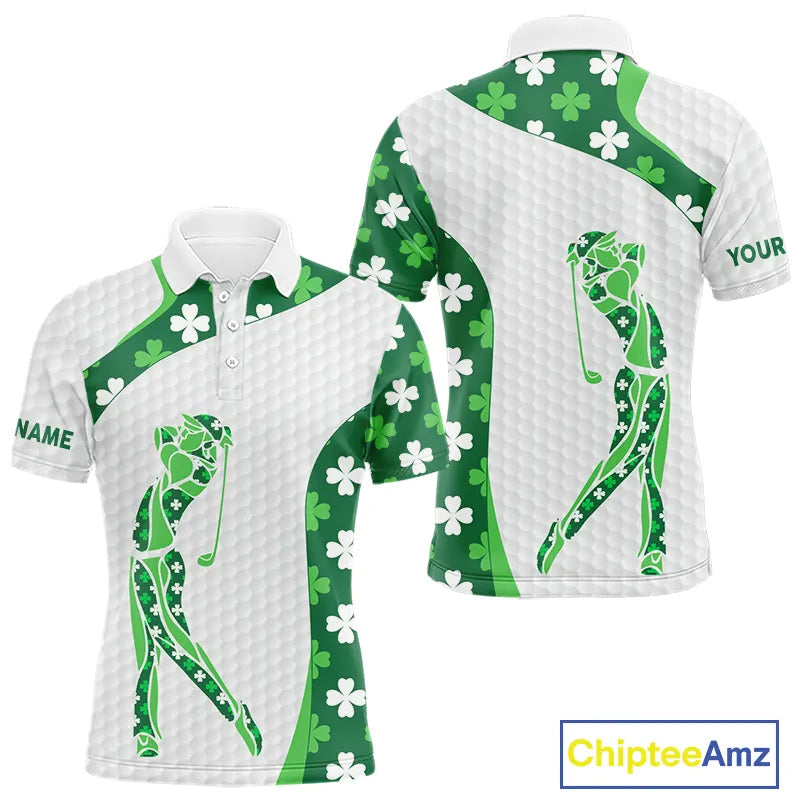 Personalized Green shamrock pattern golf white Mens golf polo shirt custom St Patrick's Day golf gift NQS11260