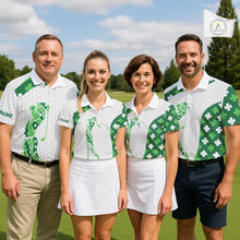 Load image into Gallery viewer, Personalized Green shamrock pattern golf white Mens golf polo shirt custom St Patrick's Day golf gift NQS11260