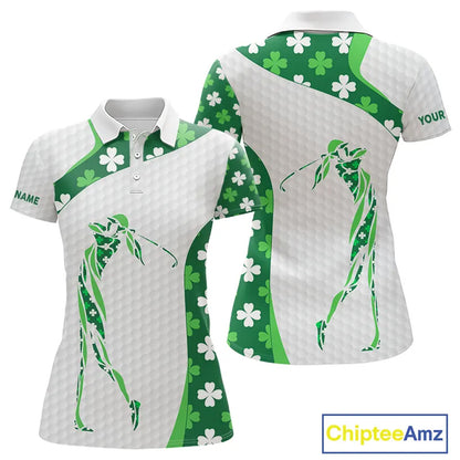 Personalized Green shamrock pattern golf white Women golf polo shirt custom St Patrick Day golf gift NQS11260