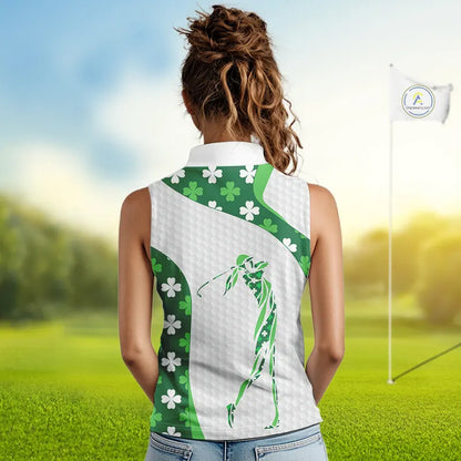 Personalized Green shamrock pattern Sleeveless Golf Polo Shirt custom St Patrick's Day golf gifts NQS11260