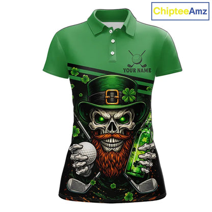 Green St Patrick Skull Golf and Beer Polo Golf shirts for Women Custom Team Ladies Golf attire NQS11475