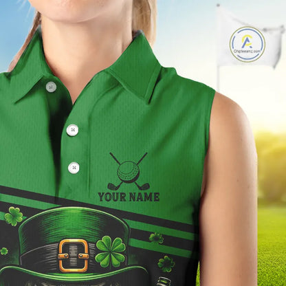 Green St Patrick Skull Golf and Beer Sleeveless Golf shirts for Women Custom Team Ladies Golf attire NQS11475