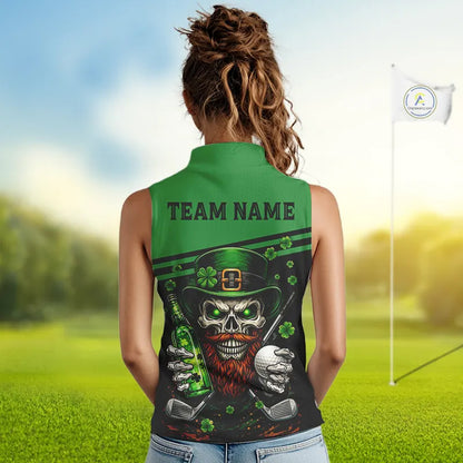 Green St Patrick Skull Golf and Beer Sleeveless Golf shirts for Women Custom Team Ladies Golf attire NQS11475