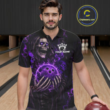 Load image into Gallery viewer, Personalized Skull Bowling Shirt For Men Custom Team's Name Black and Purple Flame Bowler Jerseys NQS11659