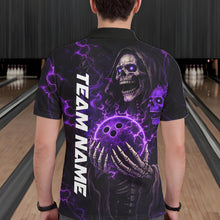 Load image into Gallery viewer, Personalized Skull Bowling Shirt For Men Custom Team's Name Black and Purple Flame Bowler Jerseys NQS11659