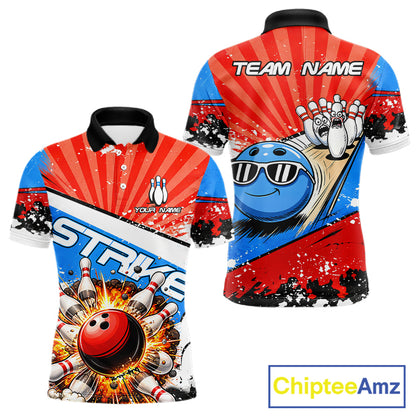 Funny Bowling Boom Strike Bowling Shirt For Men Custom Red, White and Blue retro Team Bowling Jerseys NQS11661