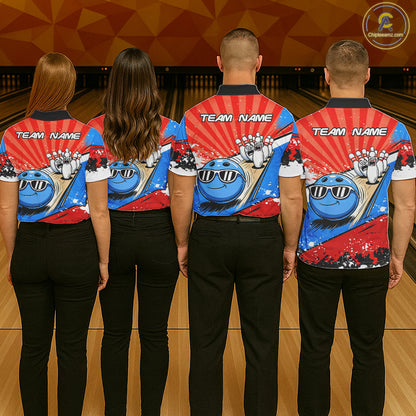 Funny Bowling Boom Strike Bowling Shirt For Women Custom Red, White & Blue retro Team Bowling Jerseys NQS11661
