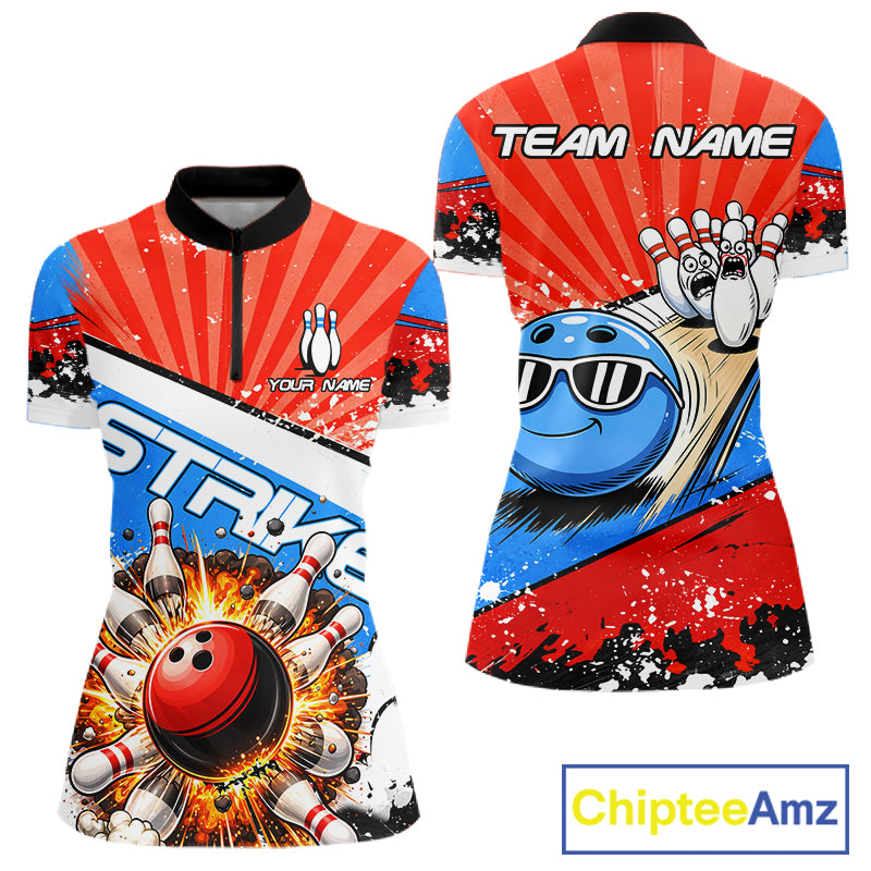 Funny Bowling Boom Strike Bowling Shirt For Women Custom Red, White & Blue retro Team Bowling Jerseys NQS11661