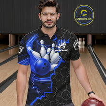 Load image into Gallery viewer, Black and Blue Camo Bowling Polo, 1/4 Zip Shirts For Men Custom Bowling Team Jersey, Bowler Outfit NQS11750