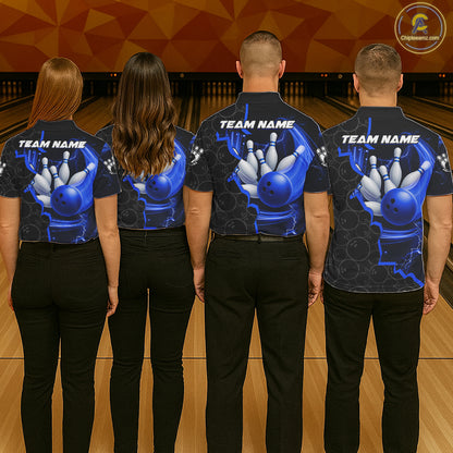 Black and Blue Camo Bowling Polo, 1/4 Zip Shirts For Men Custom Bowling Team Jersey, Bowler Outfit NQS11750