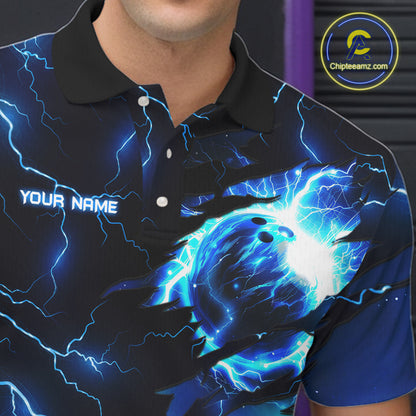 Blue lightning thunder bowling American flag Eagle custom Men Bowling Polo Shirts, team bowler jerseys NQS7489