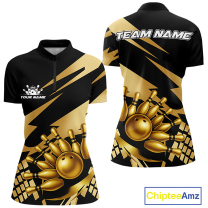 Black and Gold Bowling Polo, Quarter Zip Shirt For Women Custom Team bowling jersey, gift for bowlers NQS11069