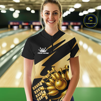 Black and Gold Bowling Polo, Quarter Zip Shirt For Women Custom Team bowling jersey, gift for bowlers NQS11069