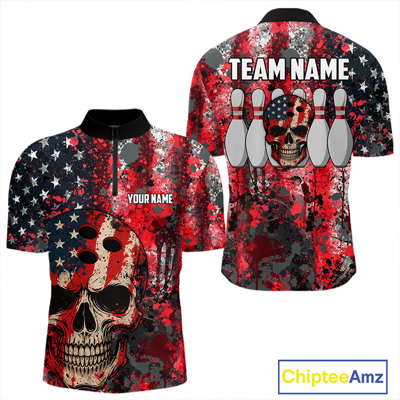 Red, White & Blue American Flag Skull Bowling shirts For Men Custom patriotic Team Bowling Jersey NQS11275