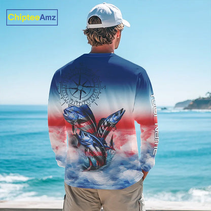 Red, white & blue Mahi Mahi, Wahoo, Tuna Compass Offshore Fishing Custom patriotic Performance Shirt NQS11276