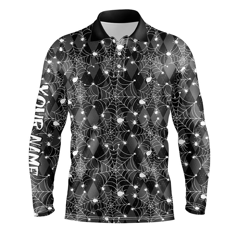 Black argyle spider web pattern Men golf polo shirts custom funny mens halloween golf shirts NQS8289