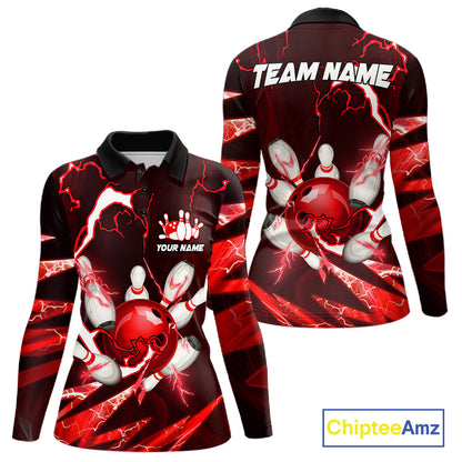 Red Thunder Lightning bowling ball and pins jersey Custom Team Bowling Polo, 1/4 Zip Shirt For Women NQS11281