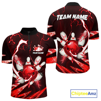 Red Thunder Lightning bowling ball and pins jerseys Custom Team Bowling Polo, 1/4 Zip Shirts For Men NQS11281