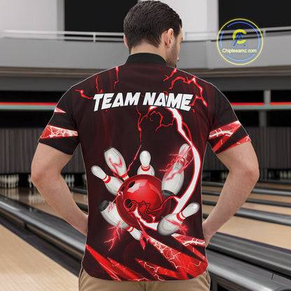 Red Thunder Lightning bowling ball and pins jerseys Custom Team Bowling Polo, 1/4 Zip Shirts For Men NQS11281