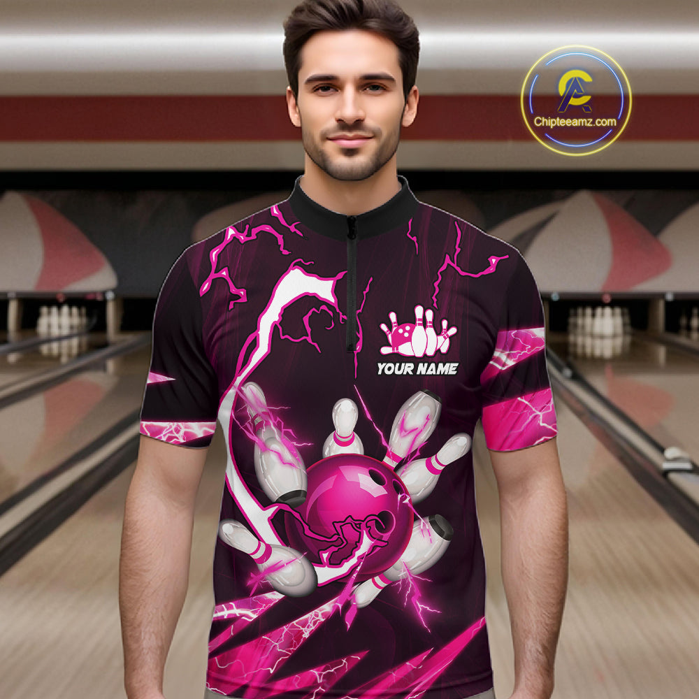 Pink Thunder Lightning bowling ball and pins jerseys Custom Team Bowling Polo, 1/4 Zip Shirts For Men NQS11283