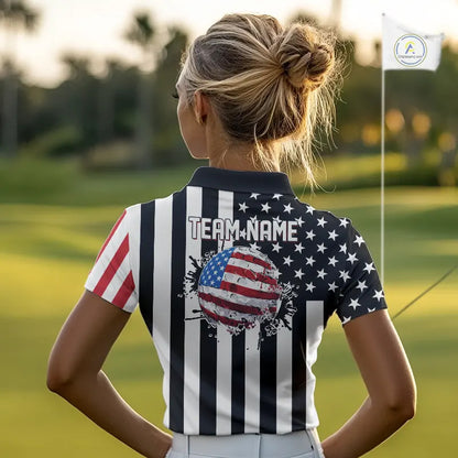 Women golf polo shirts custom Red, white and black American flag ladies golf tops, best golf gifts NQS11486