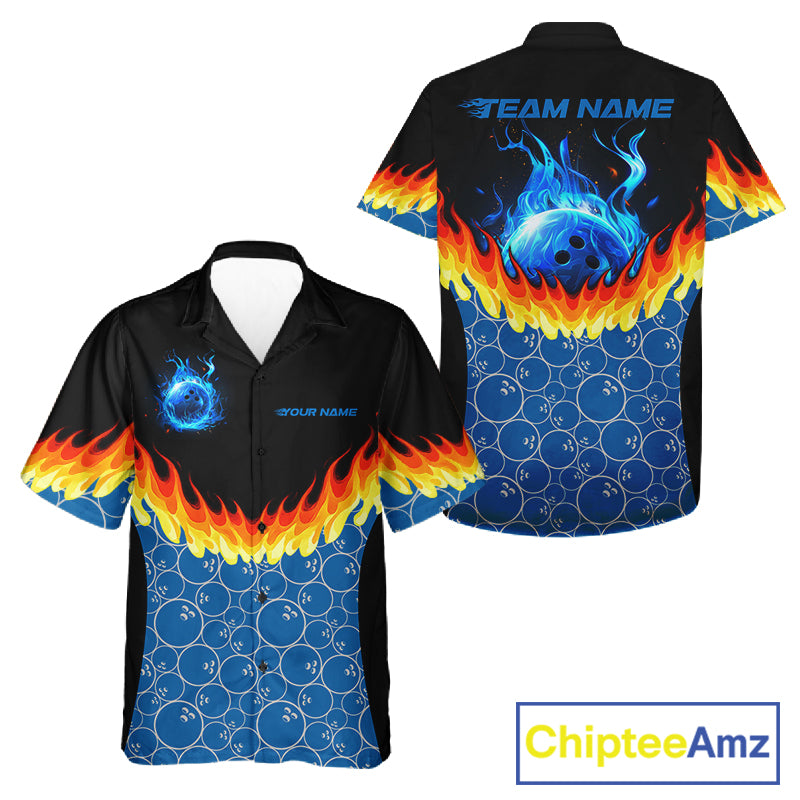 Black and Blue Camo Flame Bowling Hawaiian shirts Custom team bowling league jerseys NQS11492
