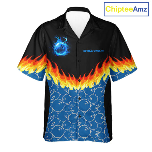 Black and Blue Camo Flame Bowling Hawaiian shirts Custom team bowling league jerseys NQS11492