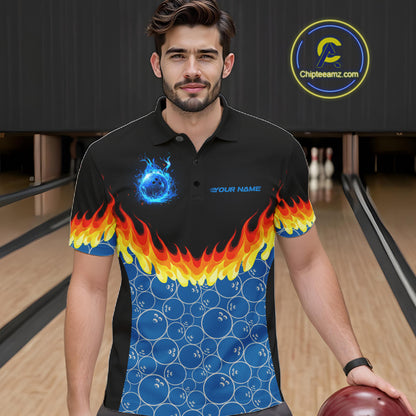 Black and Blue Camo Flame Bowling Polo, 1/4 zip shirts for Men Custom team men's bowling jerseys NQS11492