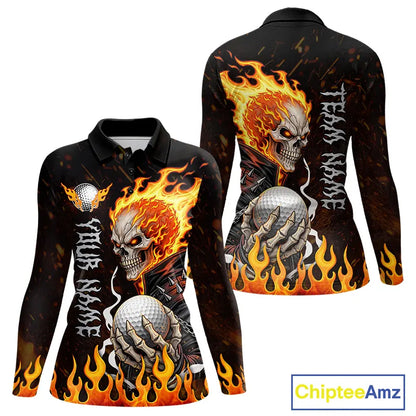 Custom Orange Flame Skull Golf Polo Shirts For Women,  team ladies golf tees cool golf gifts NQS11497