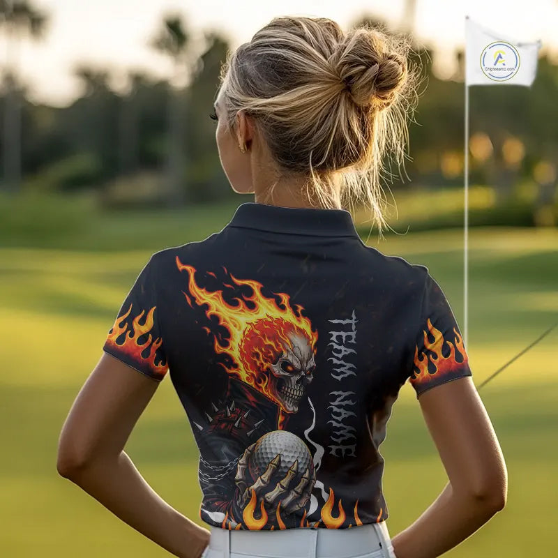 Custom Orange Flame Skull Golf Polo Shirts For Women,  team ladies golf tees cool golf gifts NQS11497