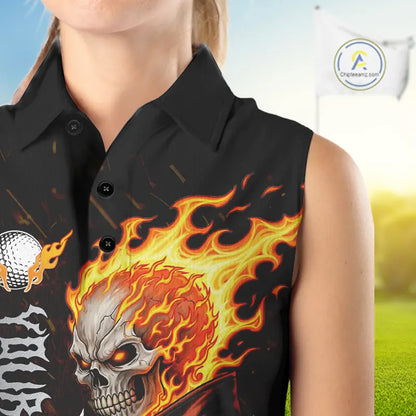 Custom Orange Flame Skull sleeveless women's golf shirts,  team ladies golf tees cool golf gifts NQS11497
