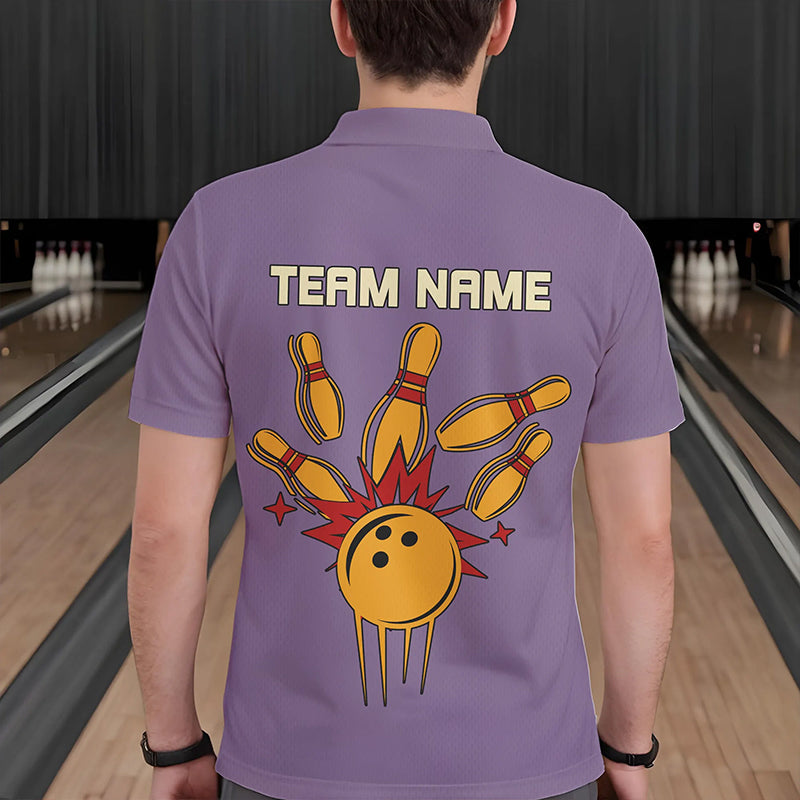 Yellow & Purple Retro Bowling Polo, Quarter Zip shirt for Men Custom vintage team bowling jersey NQS9720