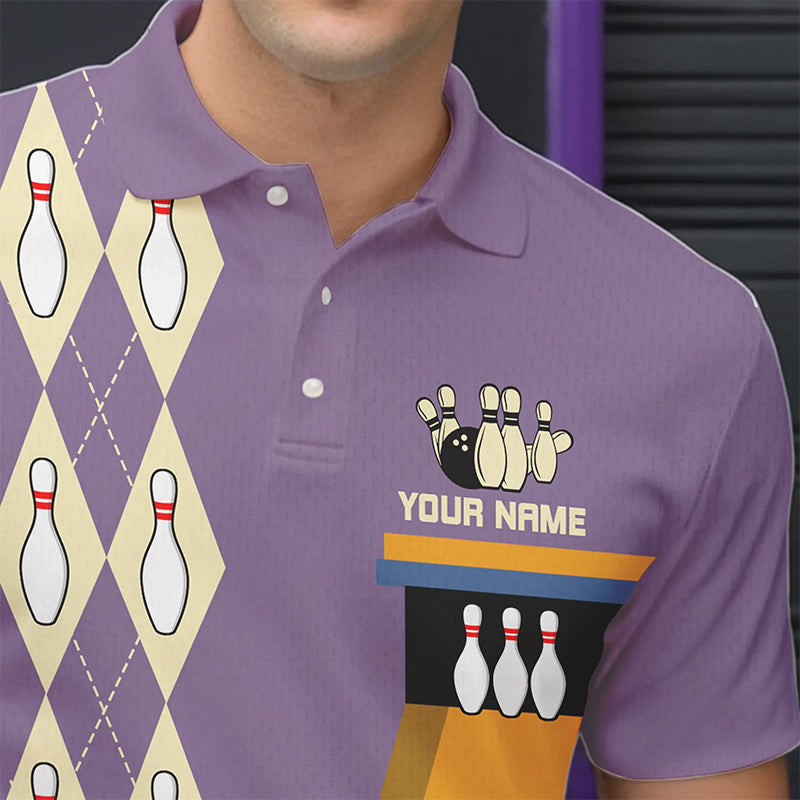 Yellow & Purple Retro Bowling Polo, Quarter Zip shirt for Men Custom vintage team bowling jersey NQS9720