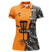 Load image into Gallery viewer, Women disc golf polo shirt black camo disc golf hole custom disc golf team shirt | Orange NQS6416