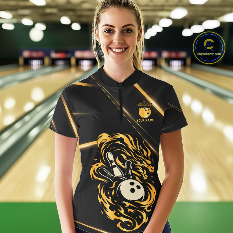 Black and Gold Flame Dragon Bowling Polo, 1/4 Zip Shirt for Women Custom Bowling Team League Jersey NQS10904