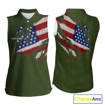 American Flag Green camo Women Sleeveless polo shirt Custom patriotic golf attire for ladies NQS11289