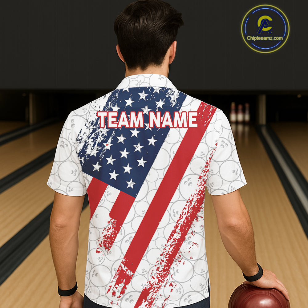 Red, white & blue American Flag Bowling Hawaiian Shirt Custom patriotic Bowling Team Button up shirt NQS11292