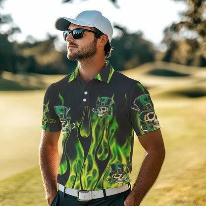 Mens golf polo shirts Green clover skull St Patrick's Day golf shirts custom green fire golf apparel NQS7055