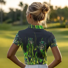Load image into Gallery viewer, Women golf polo shirts Green clover skull St Patrick's Day golf shirts custom green fire golf apparel NQS7055
